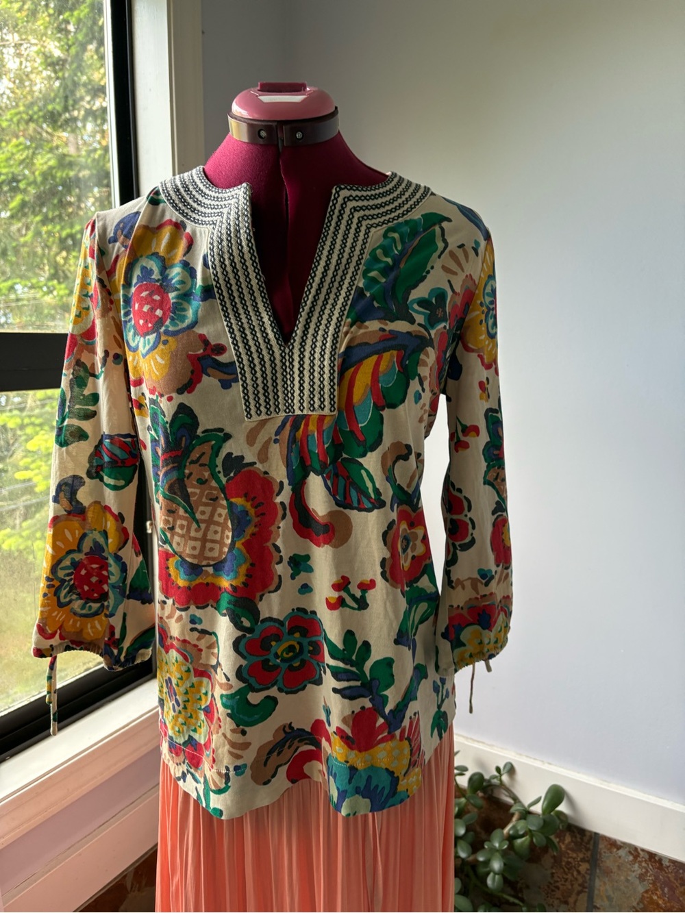 Tory Burch Cream Floral Printed V-Neck Tunic with Multicolor Embroidery